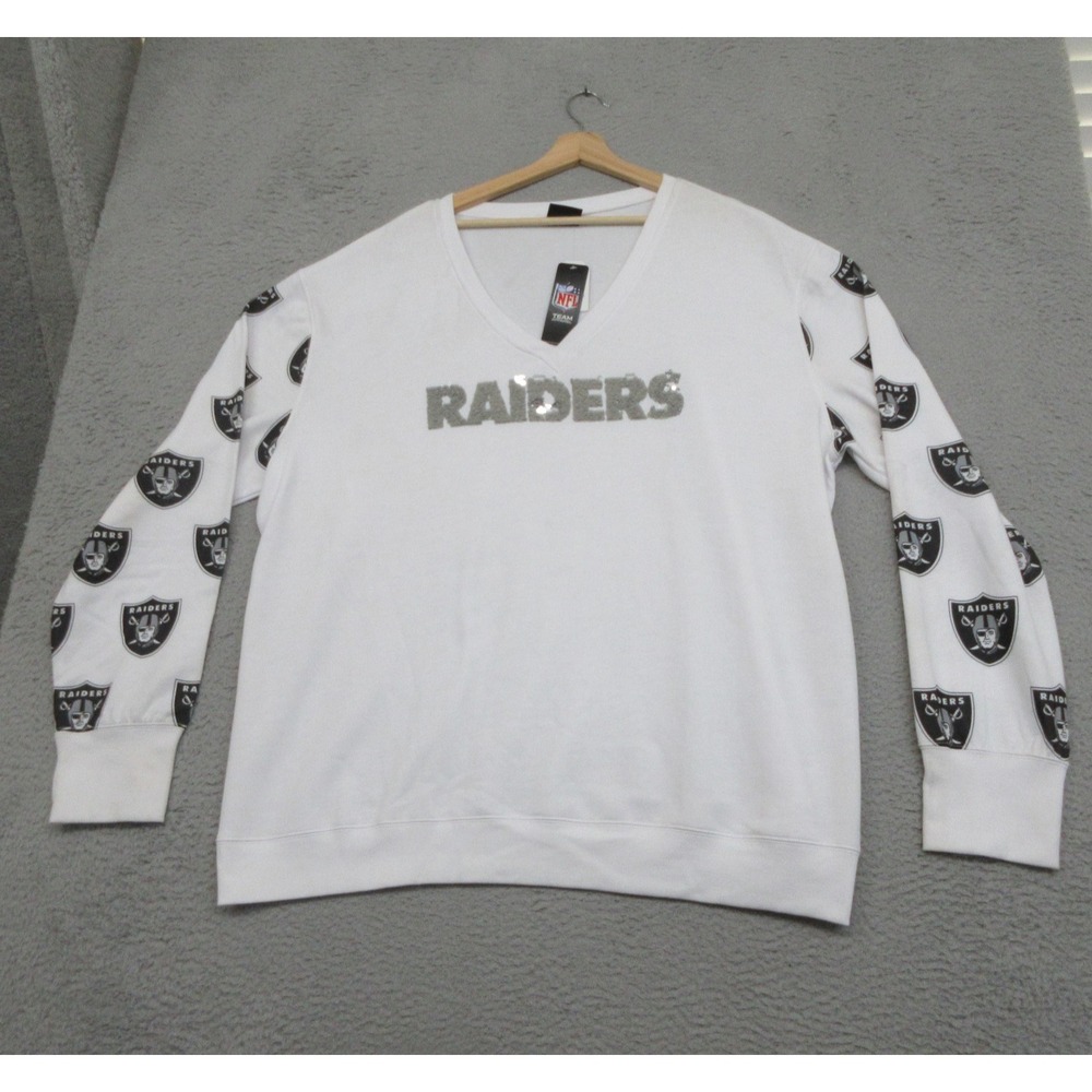 Oakland Raiders Sweatshirt Womens 4XL White NFL Football V Neck Sequin Logo
